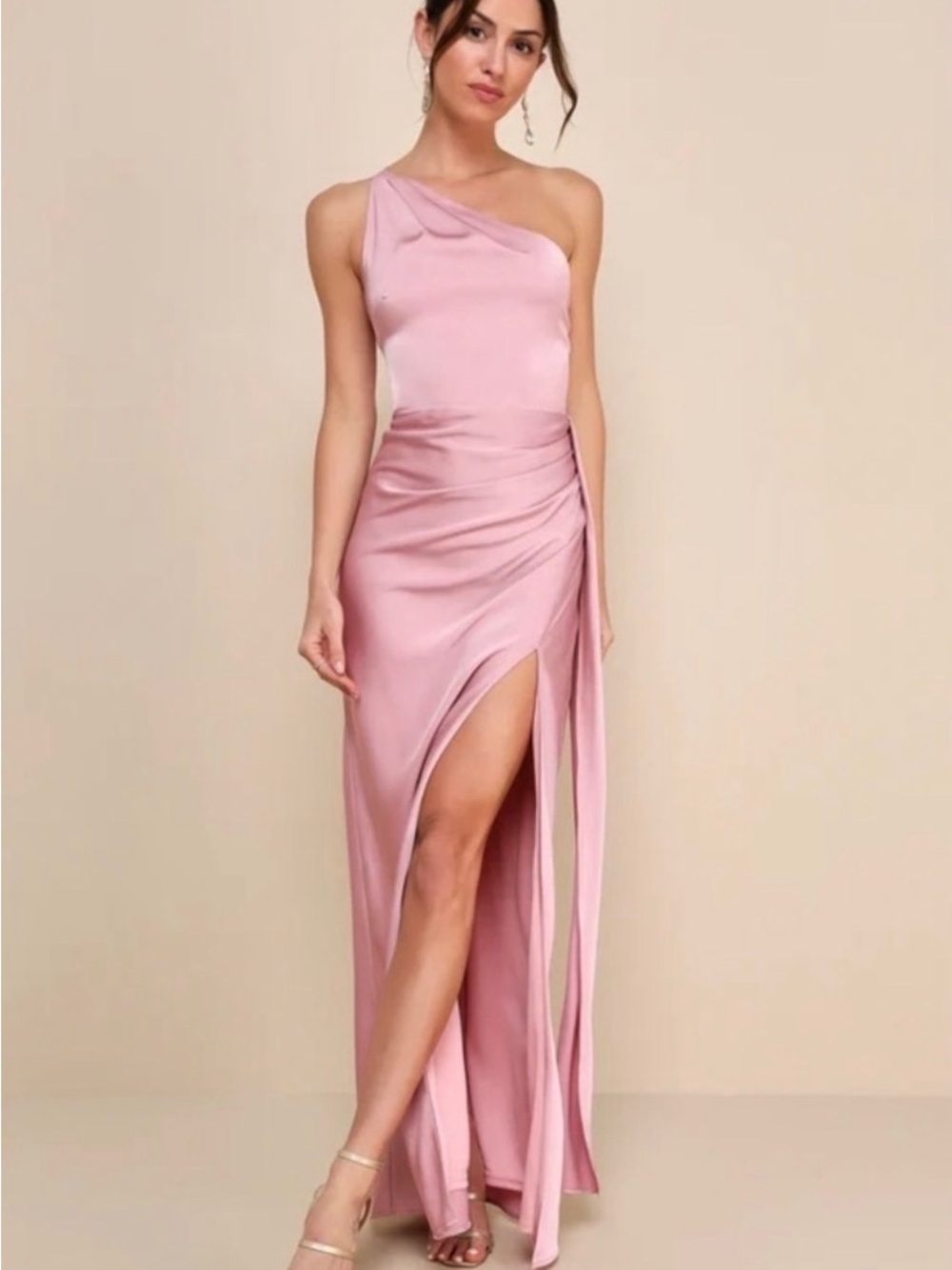 Lulu's Blush One-Shoulder Satin Gown with Draped Slit